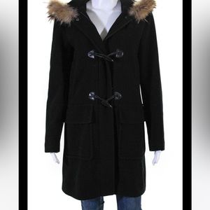 MARVIN RICHARDS FOX TRIM BLACK HOODED TOGGLE COAT. NWT SZ 6. Wool Cashmere Nylon